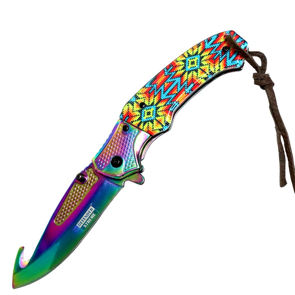 Defender-Xtreme 8″ Folding Knife Rainbow Blade w/ Designer Handle [13728]