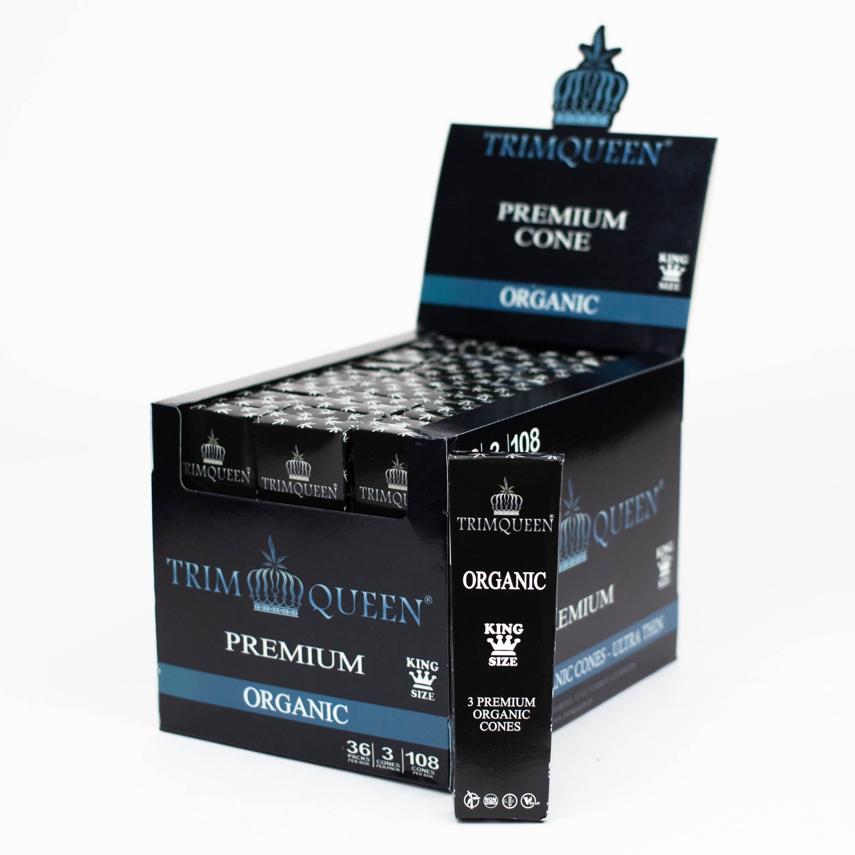 Trim Queen®️ Premium Pre Rolled Cones. Organic King Size. Display Case of 36