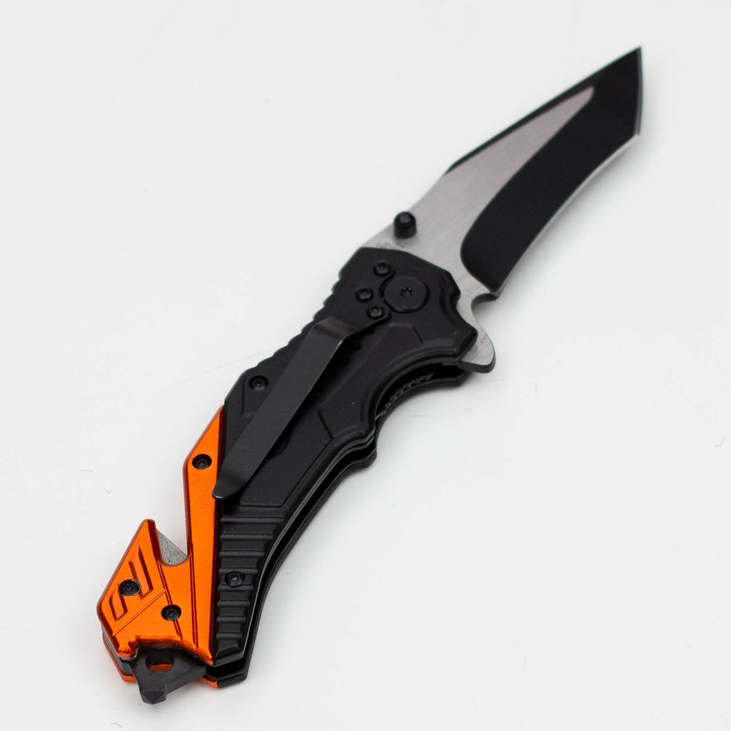 8" Two Tone  Blade Orange & Black- Folding Knife Aluminum  Handle With Belt Cutter [13943]