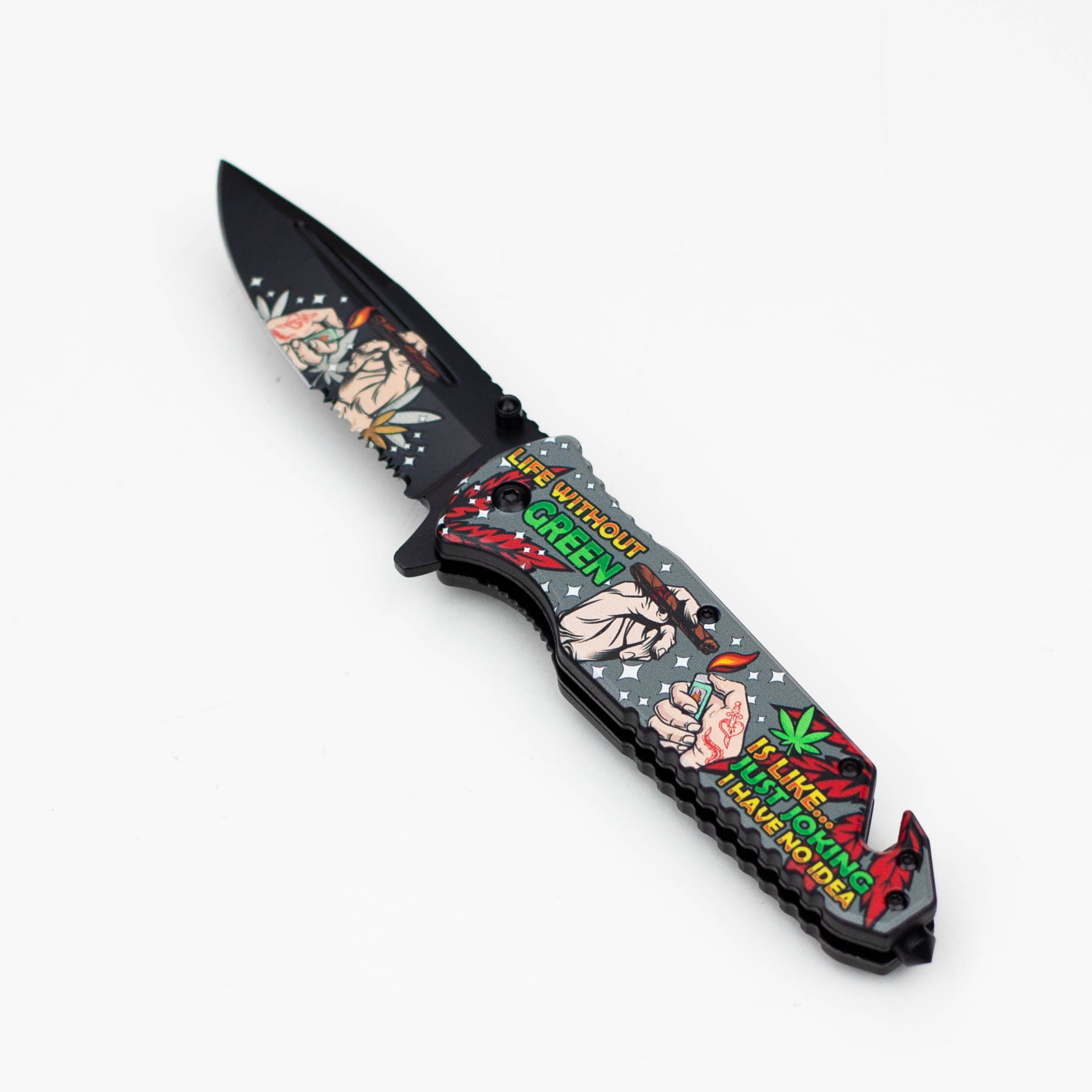 8.5" Hands Design - Folding Knife W/ Belt Cutte