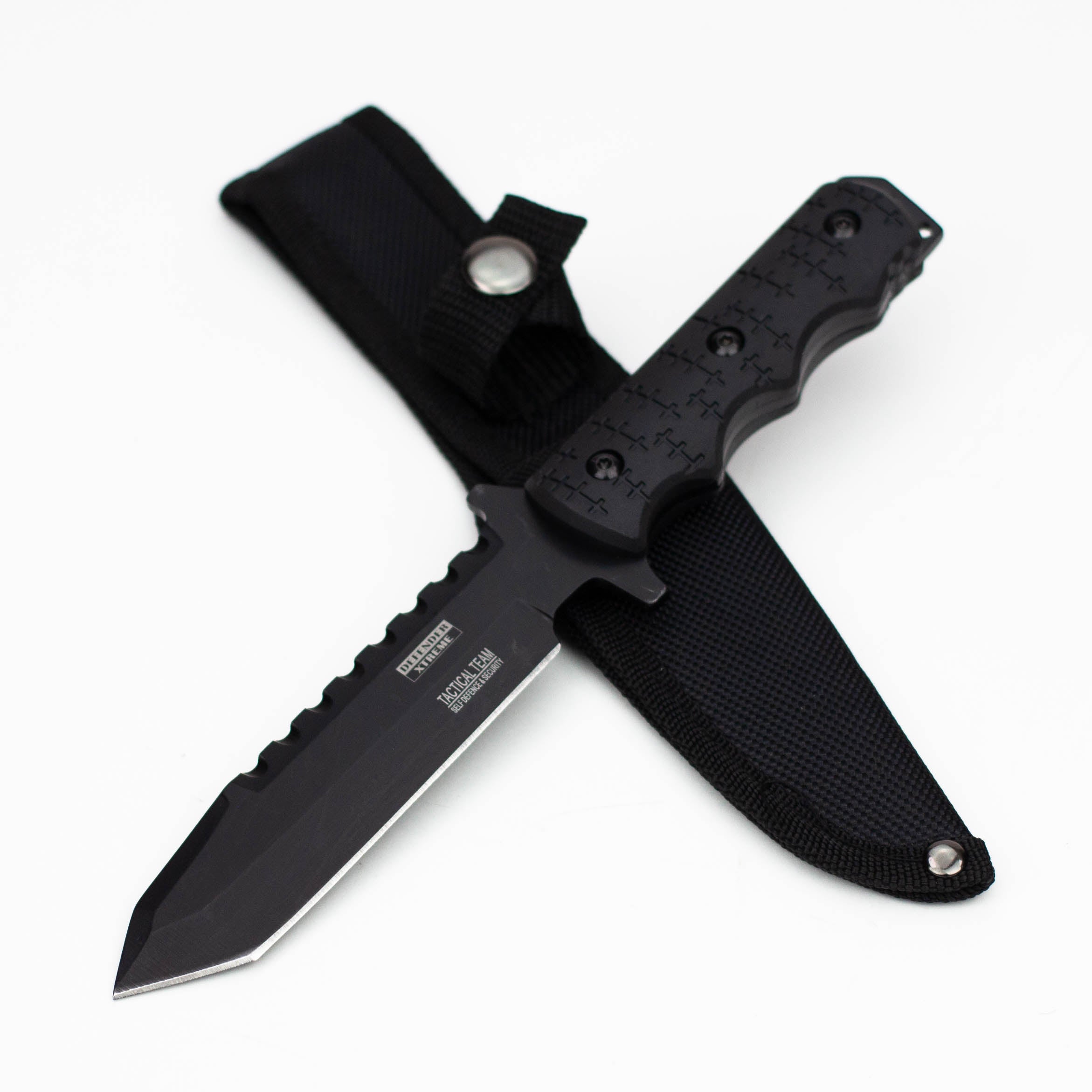 9" Defender-Xtreme Tactical  Team All Black Serrated Blade  Hunting Knife with Sheath [7688]