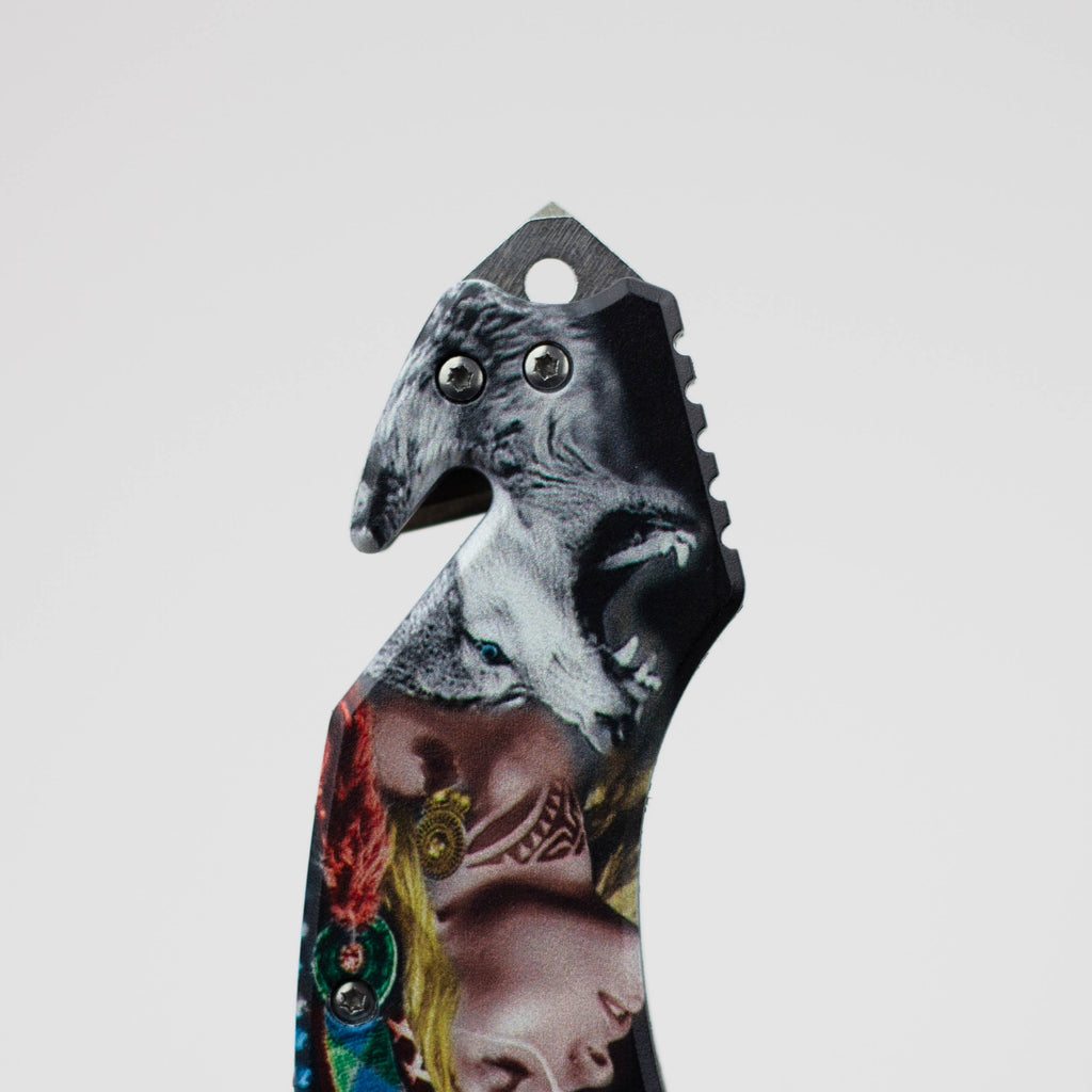 Defender-Xtreme  8" Wolf Woman- Folding Knife with Belt Cutter [13527]