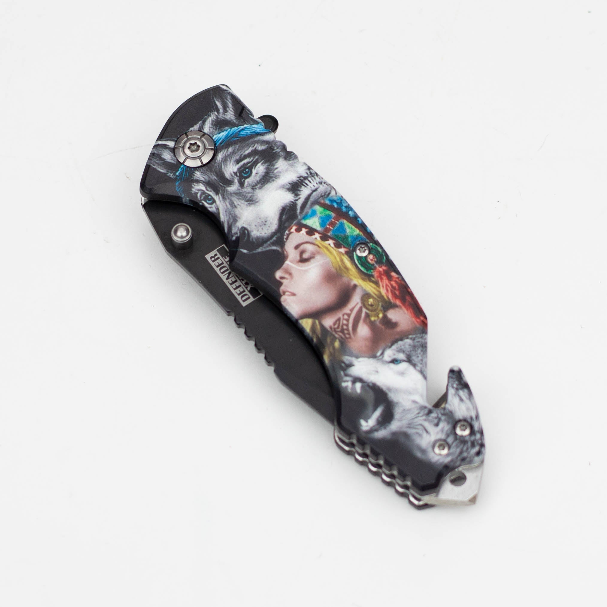 Defender-Xtreme  8" Wolf Woman- Folding Knife with Belt Cutter [13527]