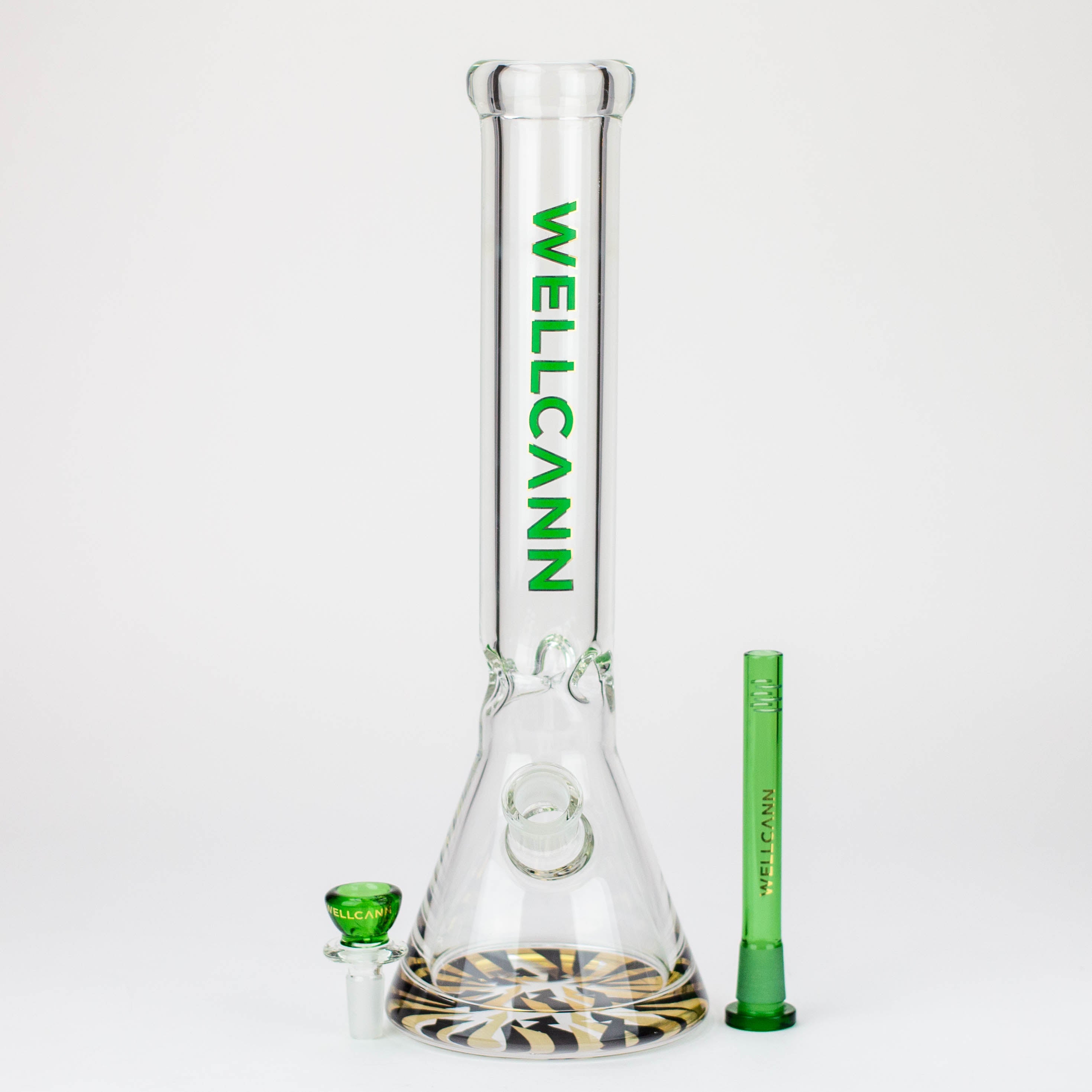 WellCann - 14" 7 mm Thick beaker bong with green logo and thick decal base