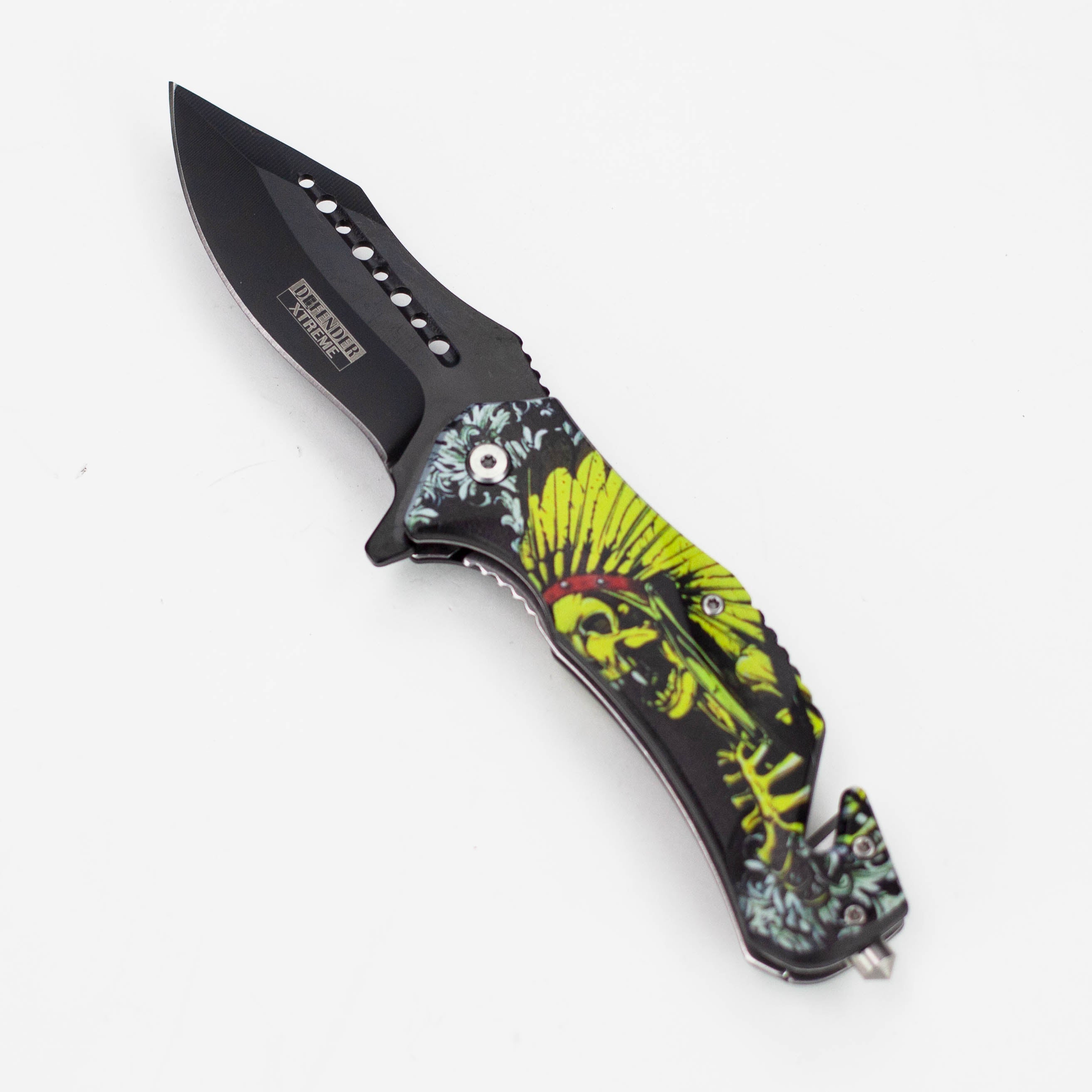 Defender-Xtreme 8.5″ Glass Breaker Skull Indian Folding Knife [13432]