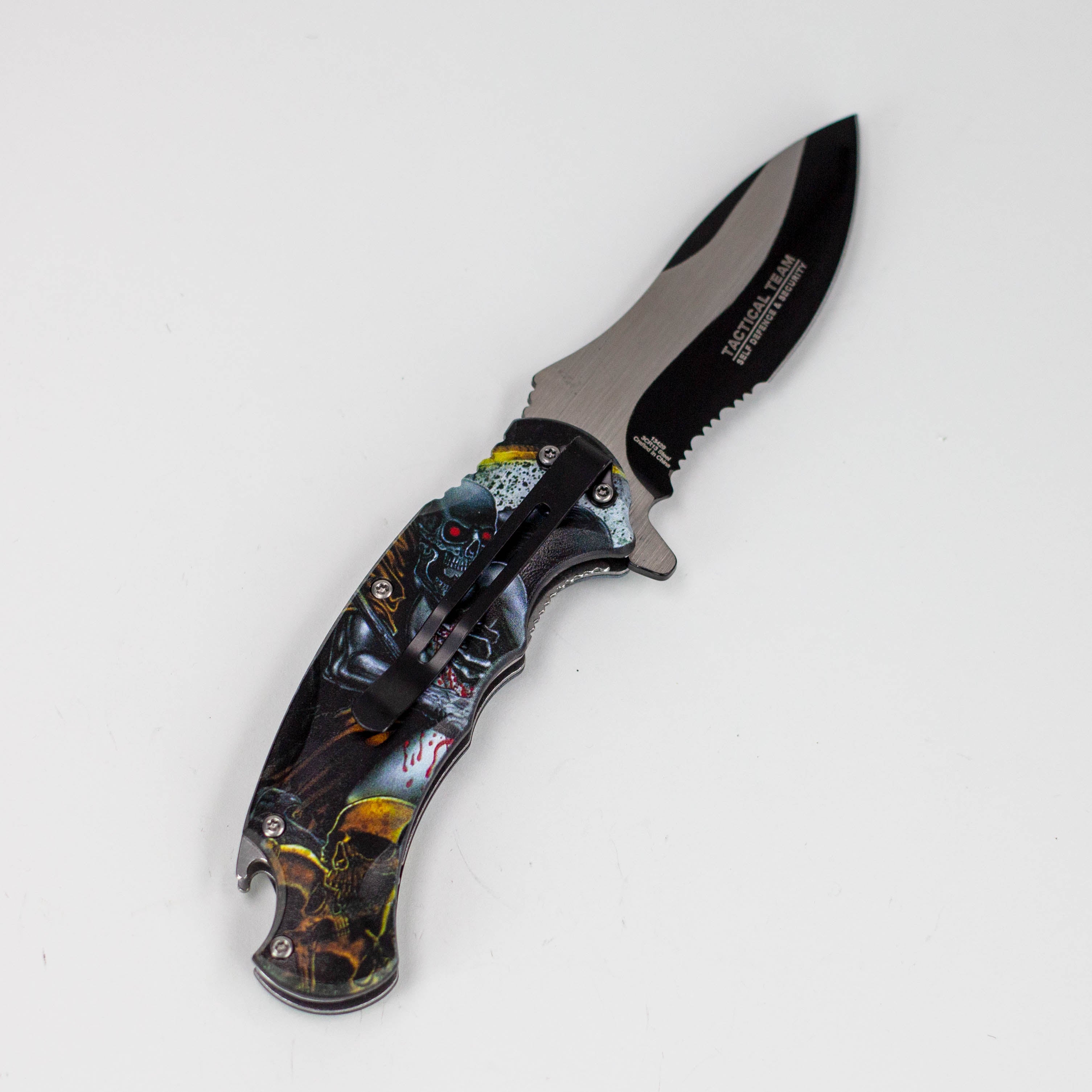Defender-Xtreme 8.5″ Reaper Skull Folding Knife Stainless Bottle Opener [13429]