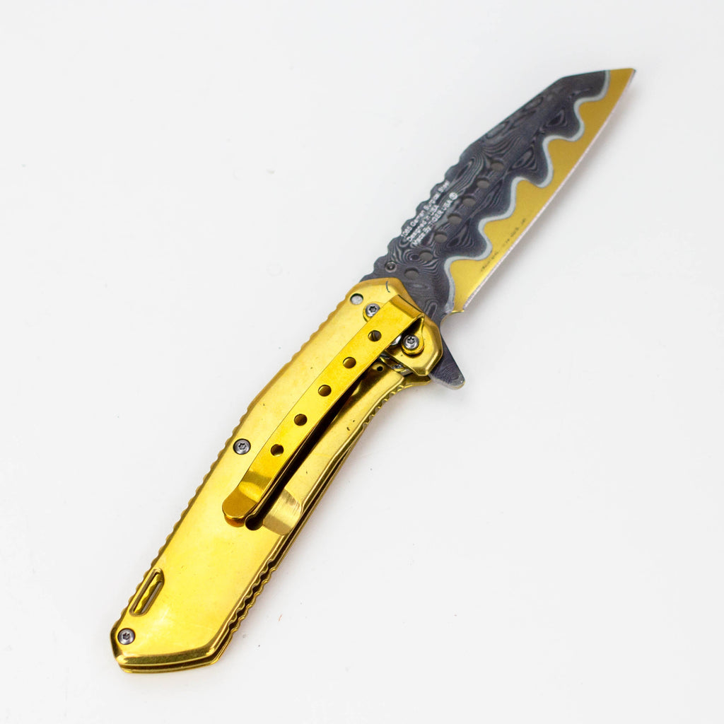 7.5" Etched Damascus Pocket Knife Gold Plated Hilt Pen Blade [P-713-E]