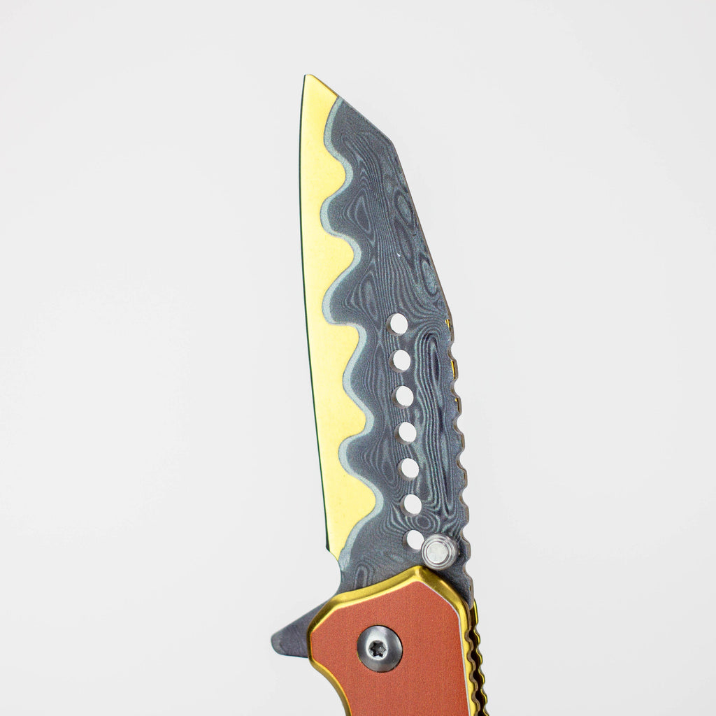 7.5" Etched Damascus Pocket Knife Gold Plated Hilt Pen Blade [P-713-E]