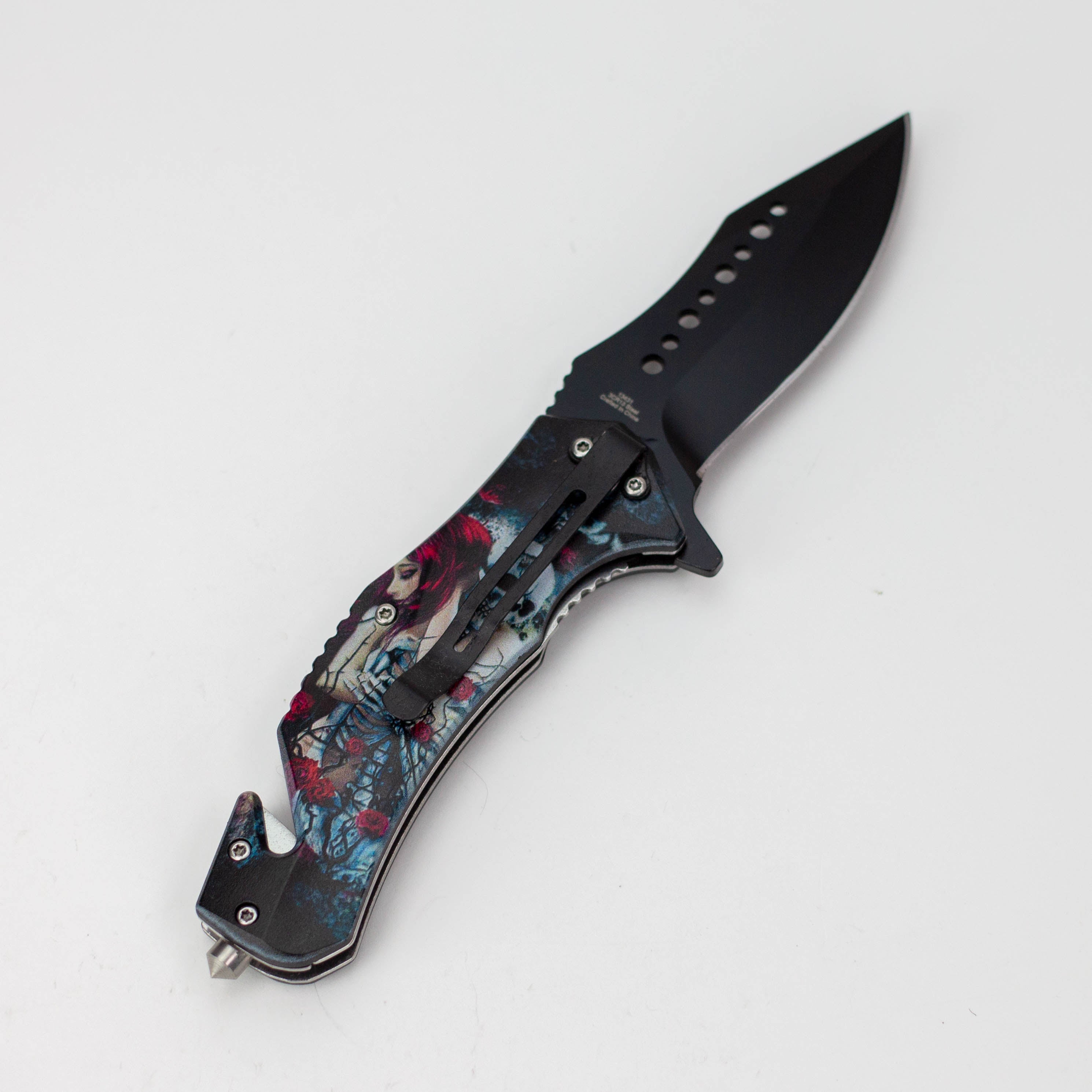 Defender-Xtreme 8.5″ Glass Breaker Lady & Skull Folding Knife [13431]