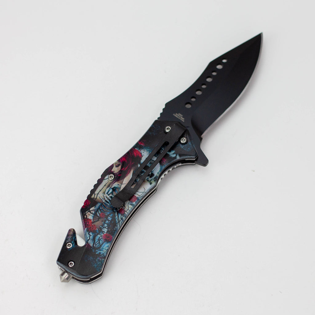 Defender-Xtreme 8.5″ Glass Breaker Lady & Skull Folding Knife [13431]