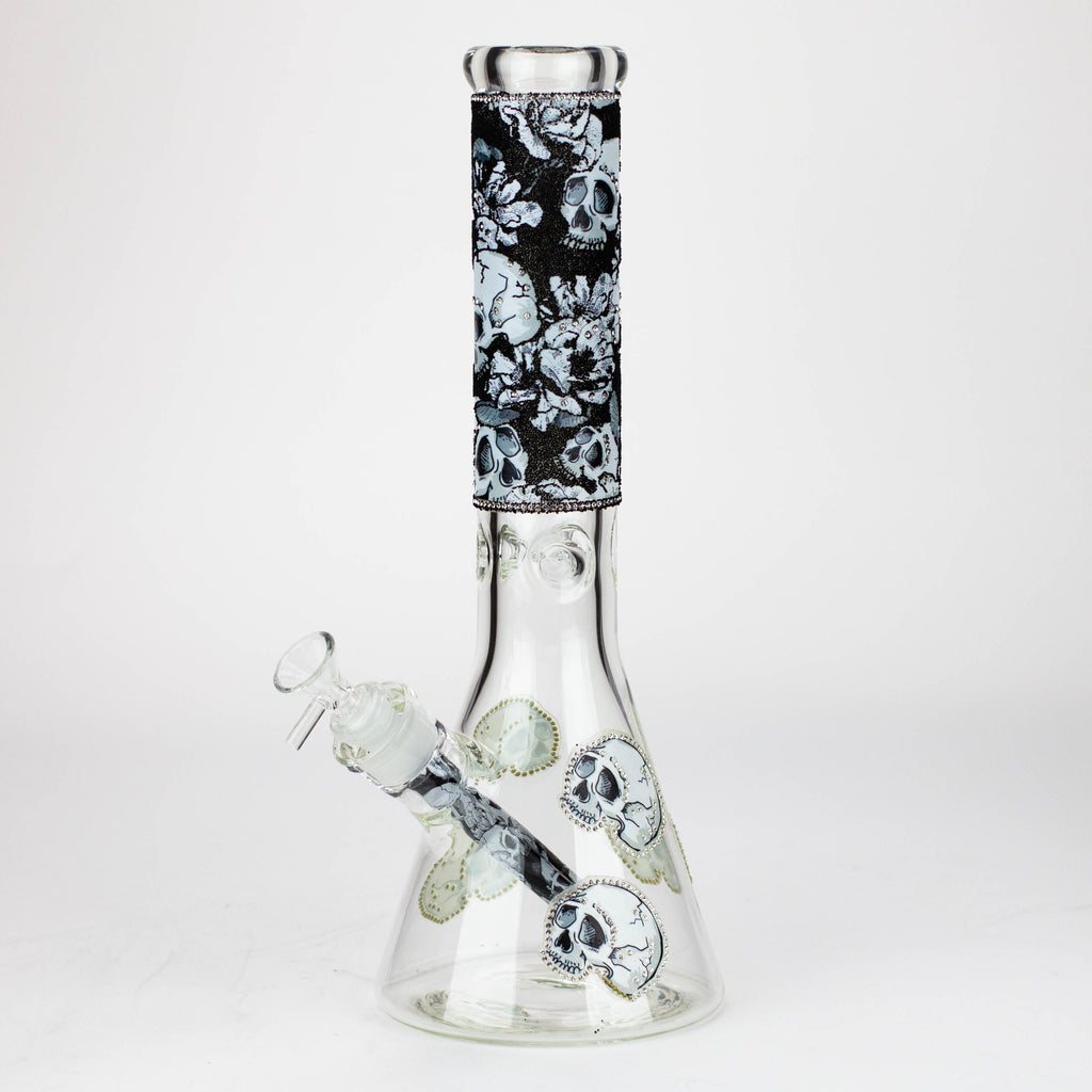 14" Graphic with cubic zirconia decor 7mm glass beaker water bong [AK32xx]
