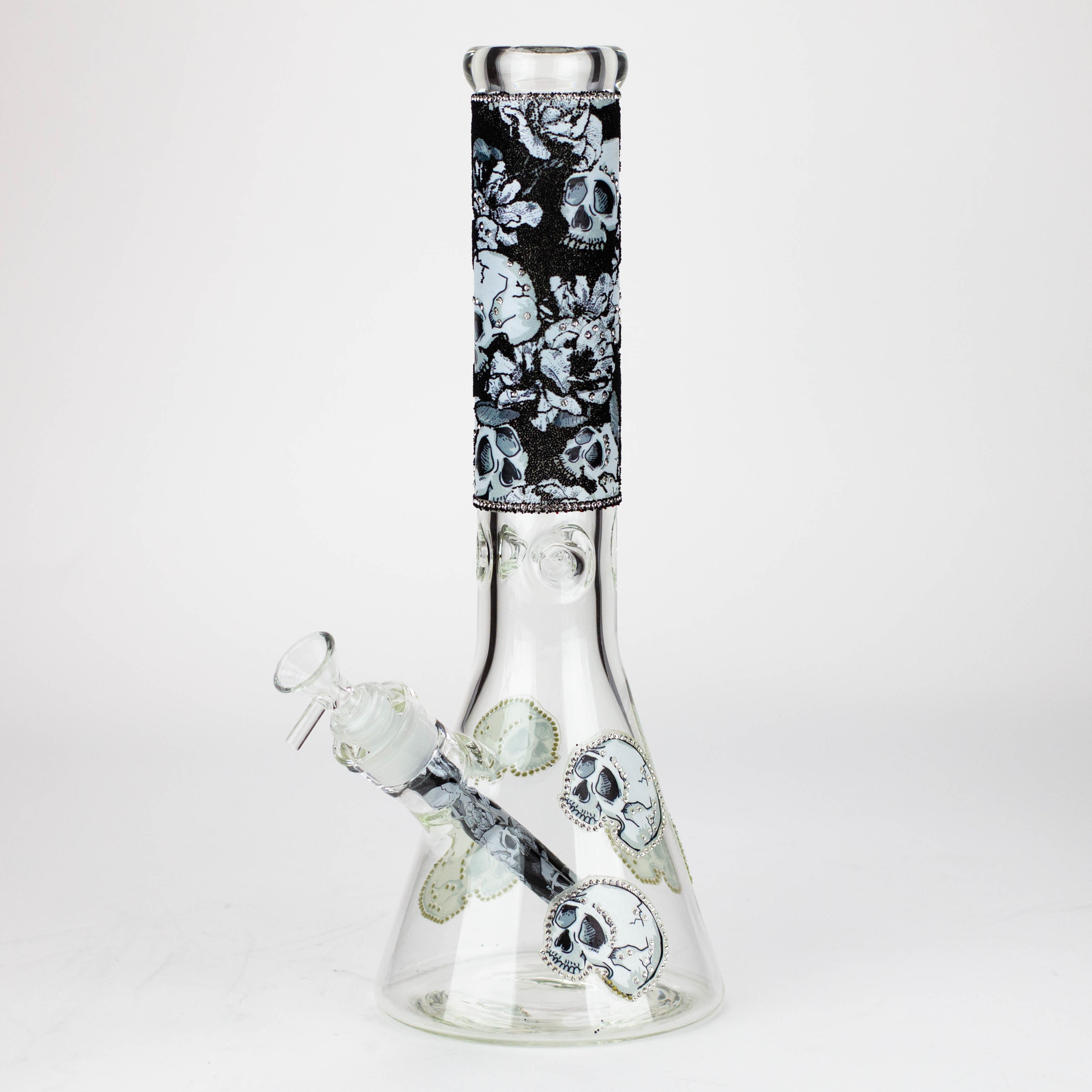14" Graphic with cubic zirconia decor 7mm glass beaker water bong [AK32xx]