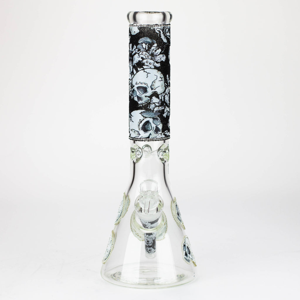 14" Graphic with cubic zirconia decor 7mm glass beaker water bong [AK32xx]