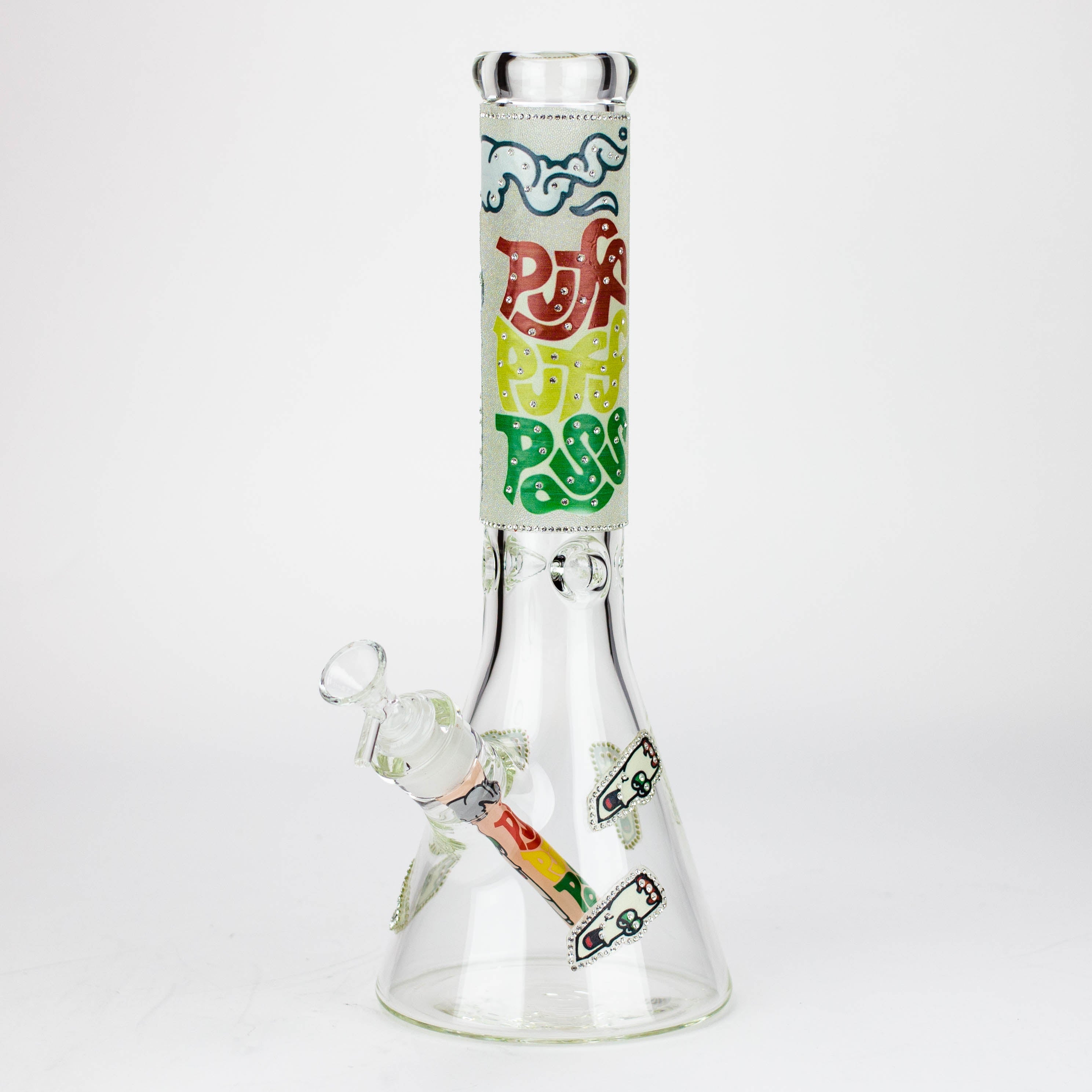 14" Graphic with cubic zirconia decor 7mm glass beaker water bong [AK32xx]
