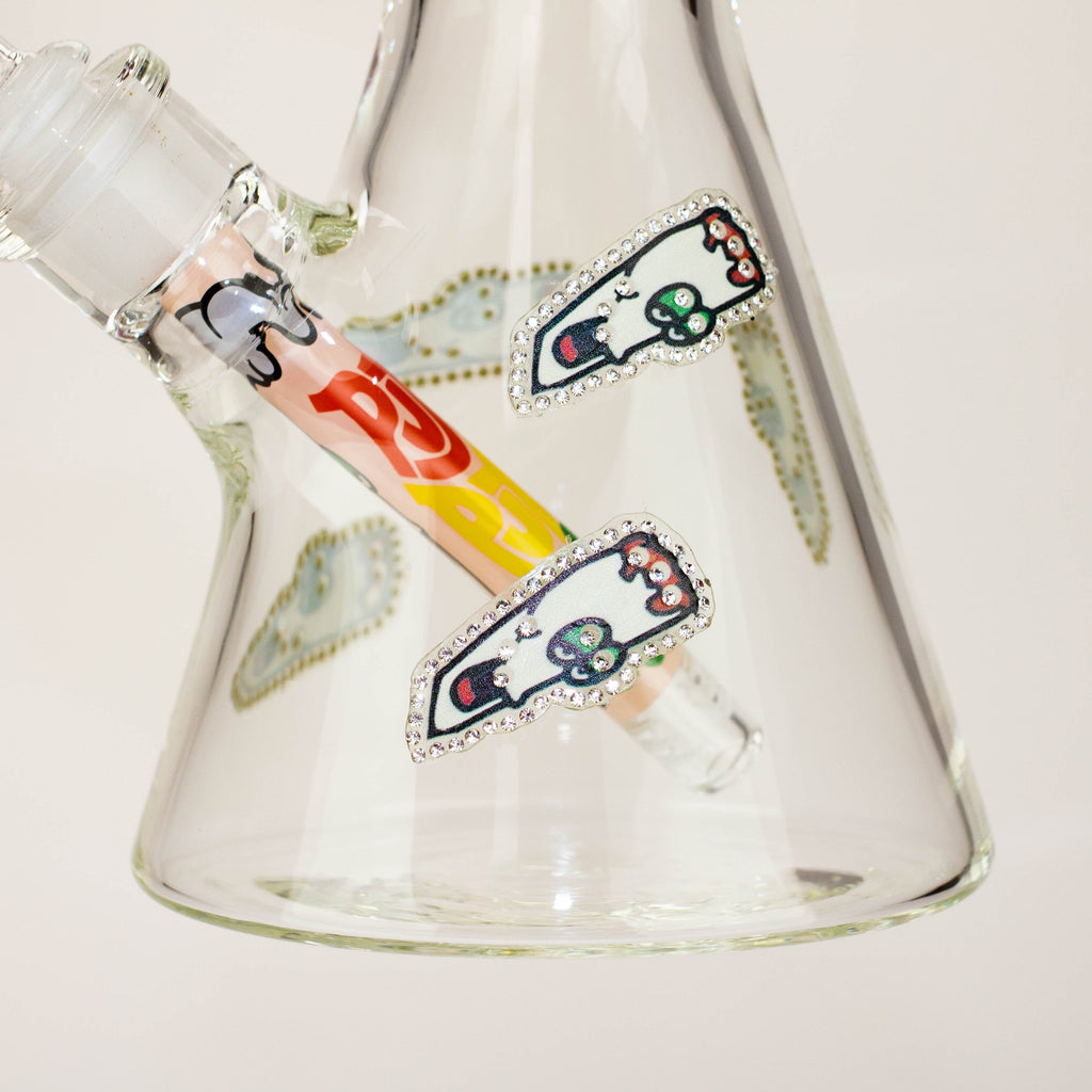 14" Graphic with cubic zirconia decor 7mm glass beaker water bong [AK32xx]