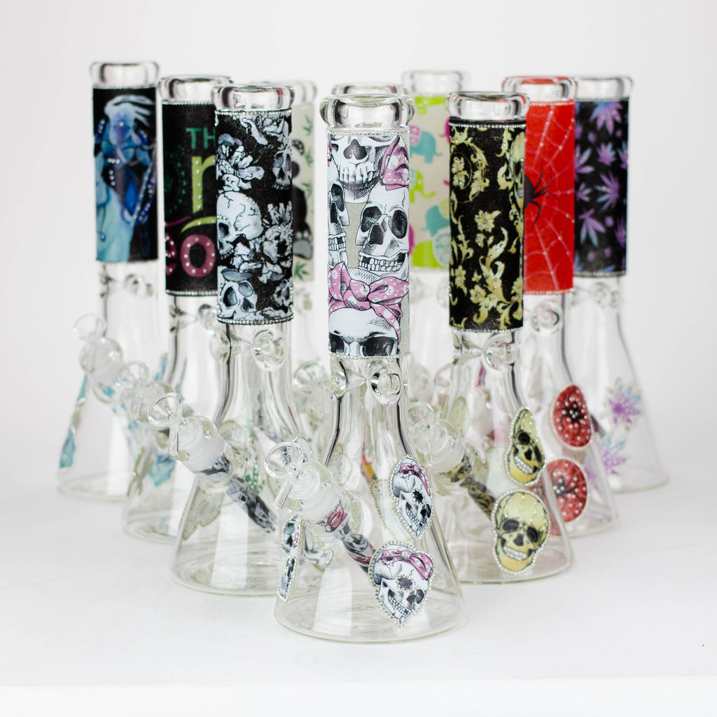 14" Graphic with cubic zirconia decor 7mm glass beaker water bong [AK32xx]