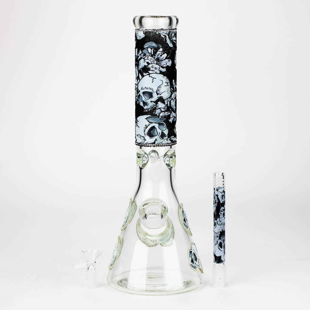 14" Graphic with cubic zirconia decor 7mm glass beaker water bong [AK32xx]