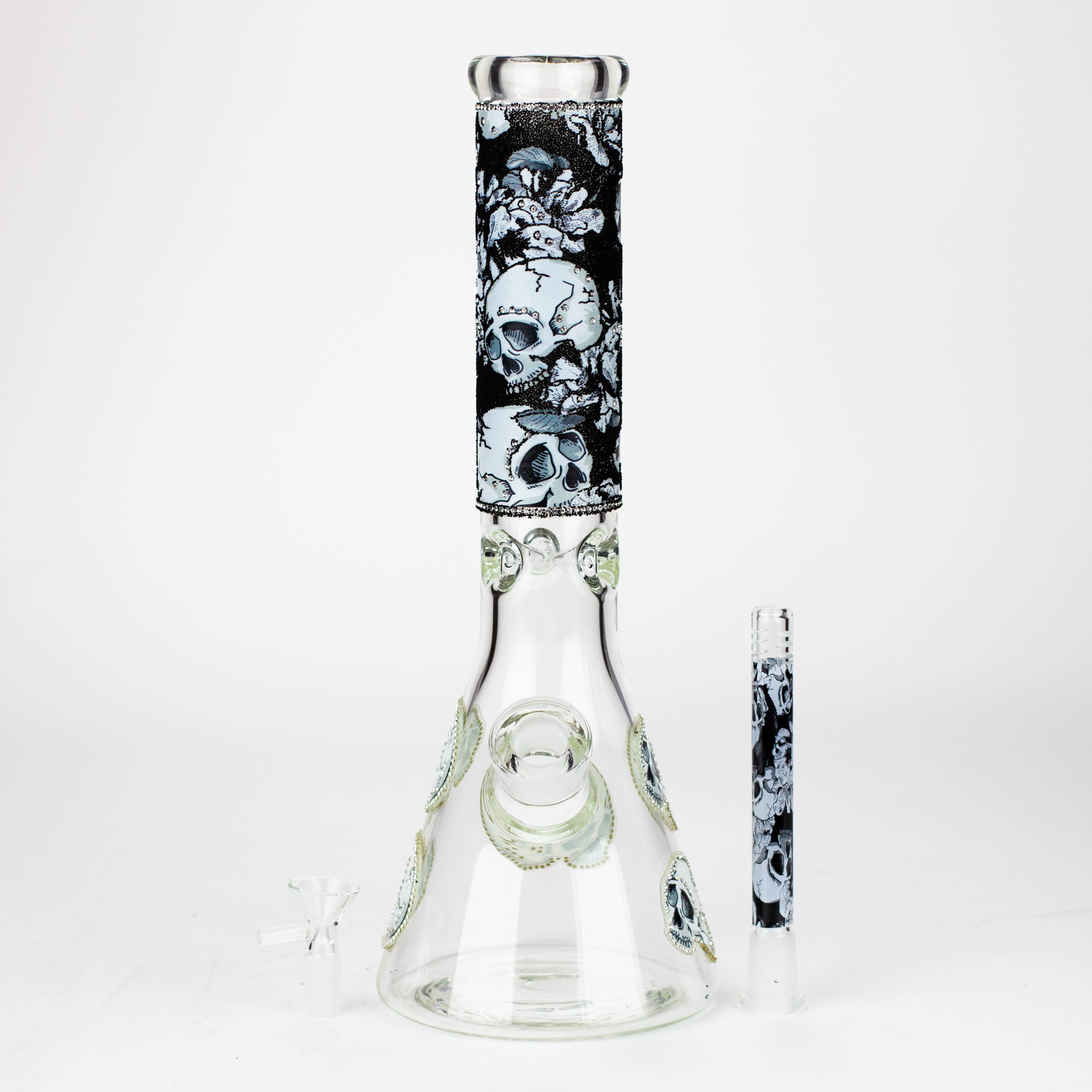 14" Graphic with cubic zirconia decor 7mm glass beaker water bong [AK32xx]