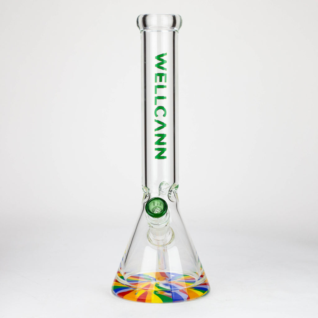 WellCann | 15" 7mm Beaker Bong with Thick Decal Base - Green Rainbow