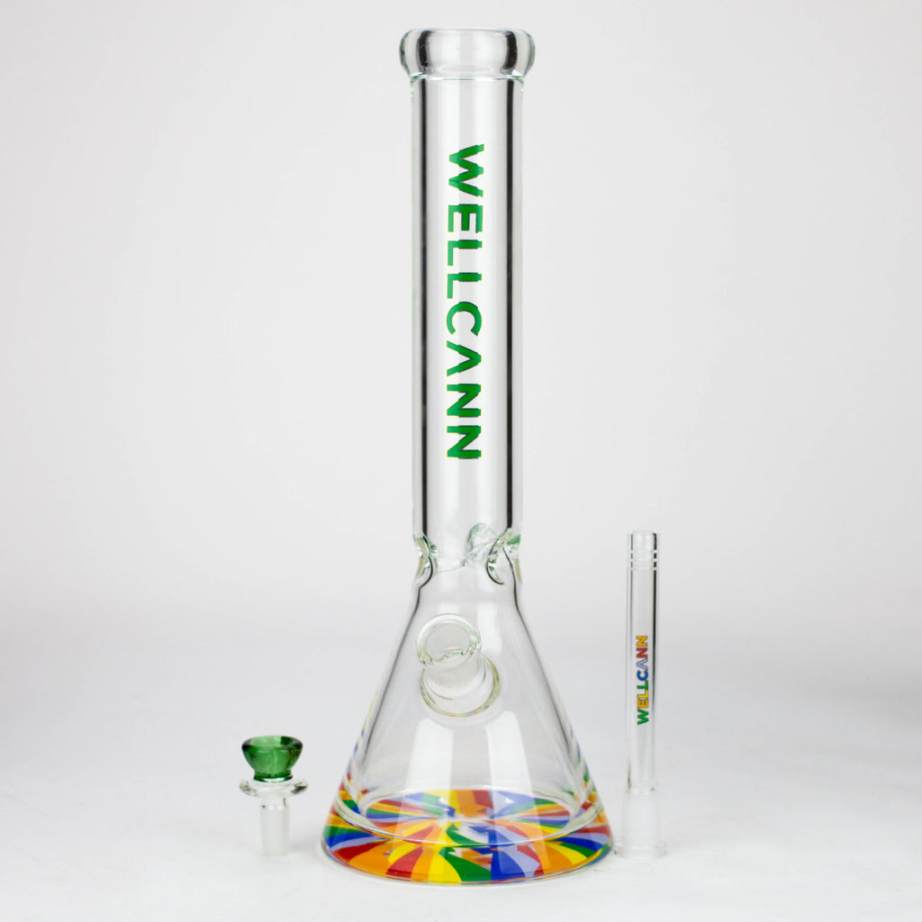 WellCann | 15" 7mm Beaker Bong with Thick Decal Base - Green Rainbow