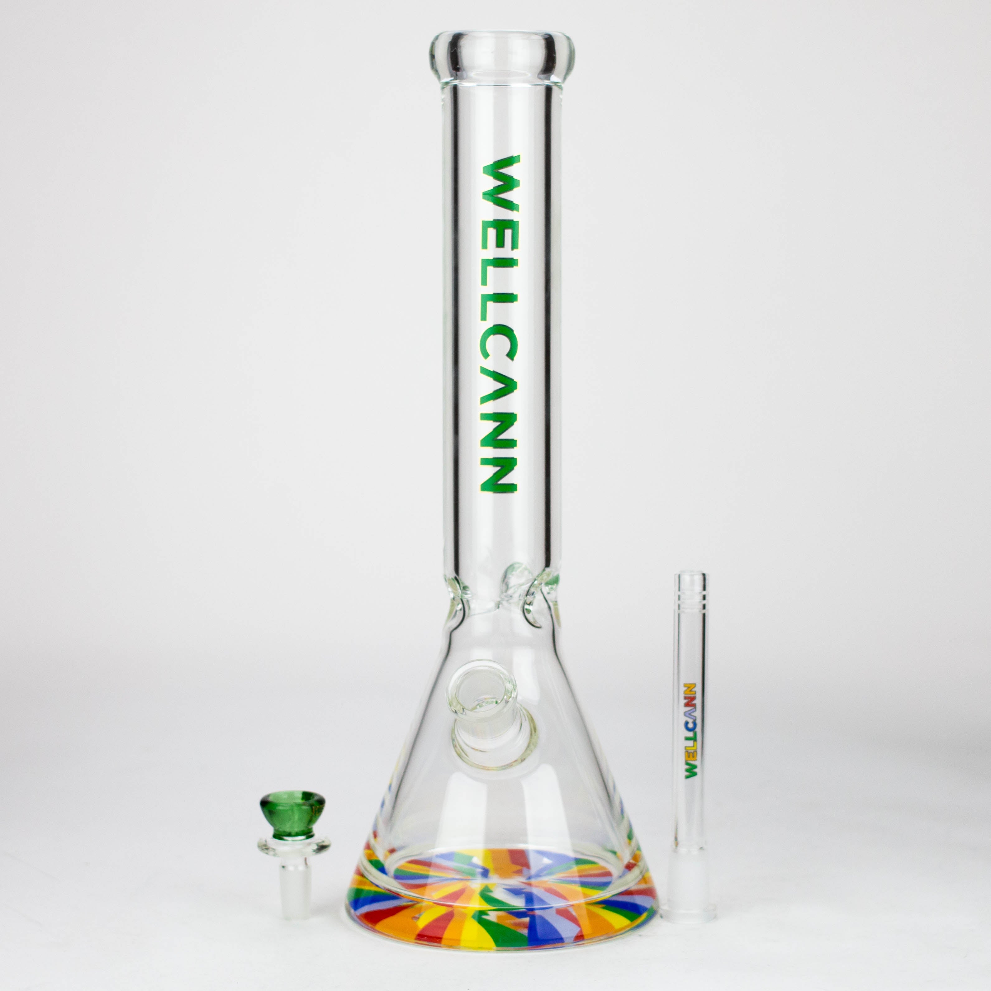 WellCann | 15" 7mm Beaker Bong with Thick Decal Base - Green Rainbow