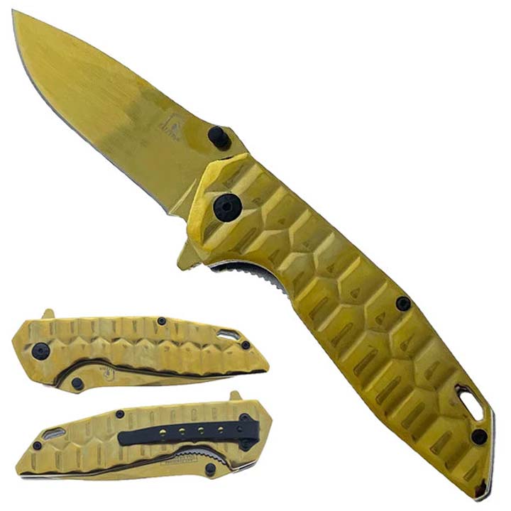 8" overall length spring assisted knife-gold