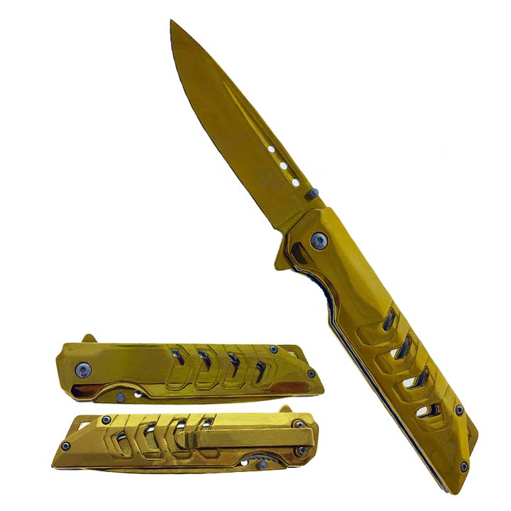 Falcon | 8-3/4"Spring Assisted Pocket Knife Mirror Gold