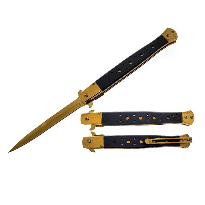 BIG BOY | 12" Gold Spring Assisted Knife w/ Belt Clip Wood Handle
