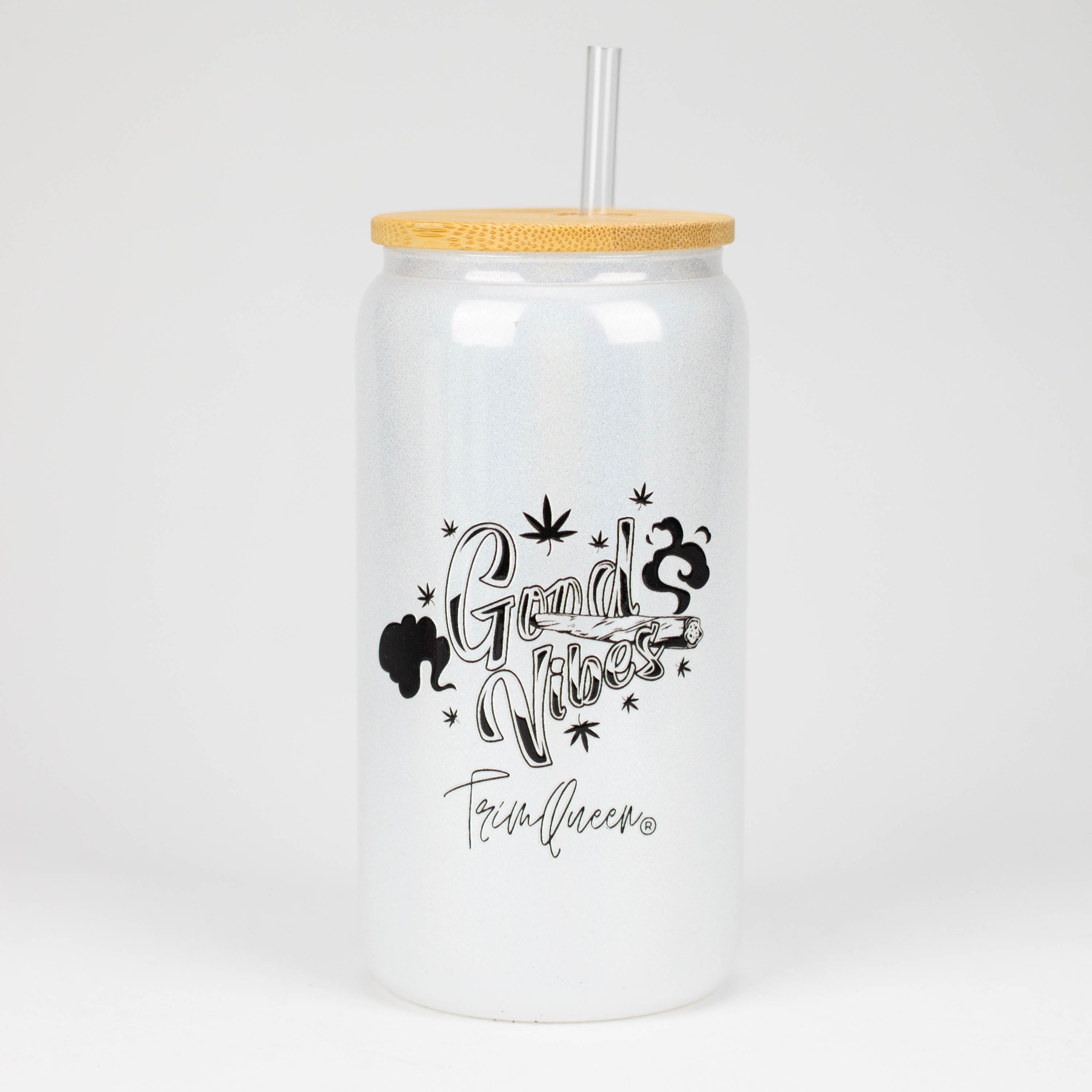 TRIM QUEEN | GOOD VIBES GLASS TUMBLER WITH LID AND STRAW