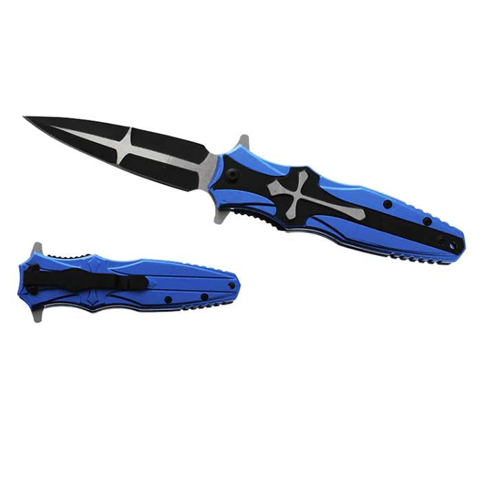8.5" Overall Spring Assisted Knife with Blue Celtic Cross Design