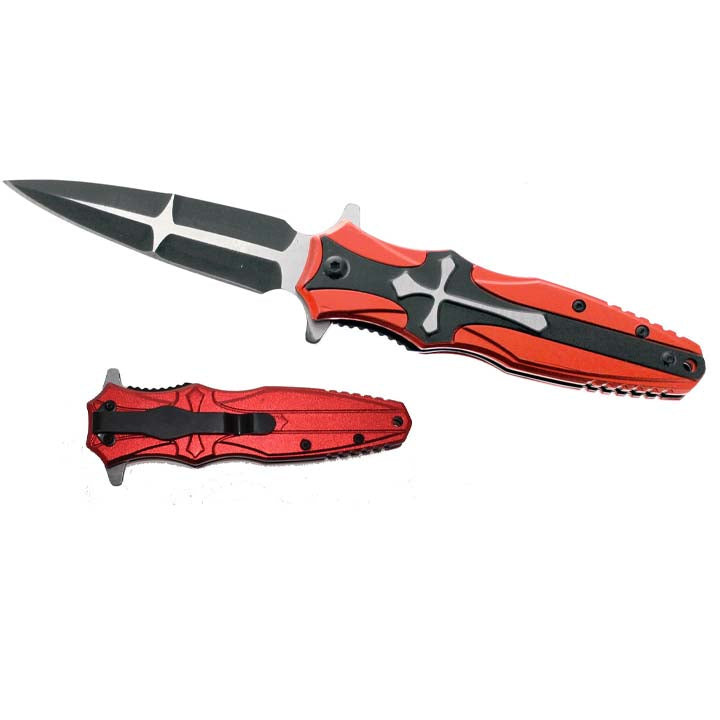 8.5" Overall Spring Assisted Knife with Red Celtic Cross Design