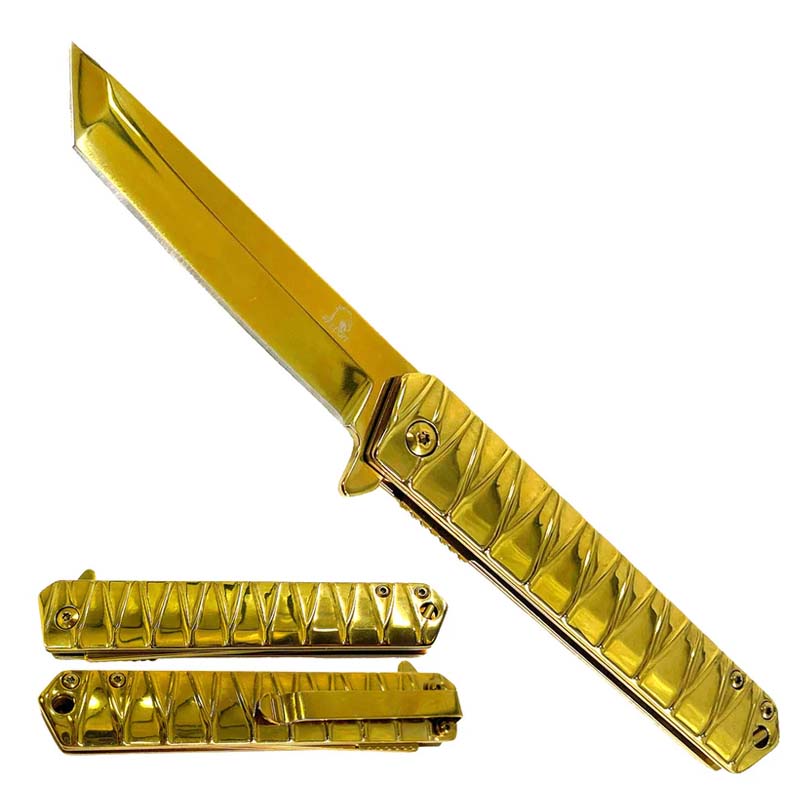 Falcon 7.75" Gold Tanto Blade Spring Assisted Pocket Knife