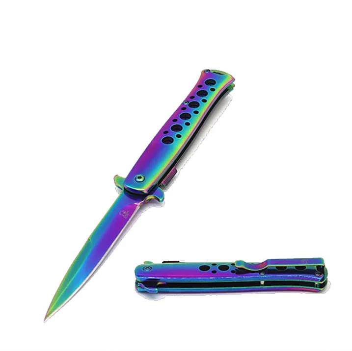 Falcon | 9" Overall Metal Spring Assisted Knife With Rainbow Coating