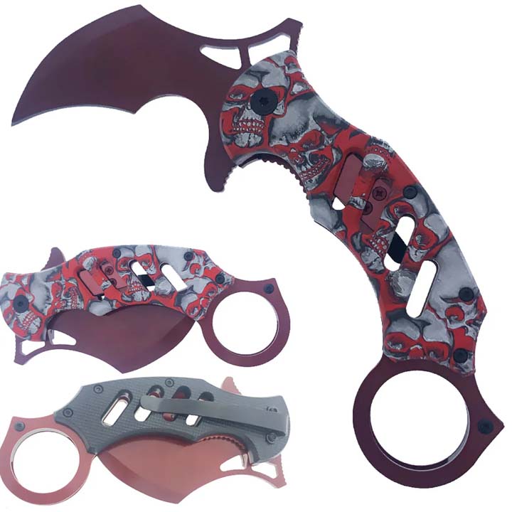 8" Karambit Knife Red Skulls Handle