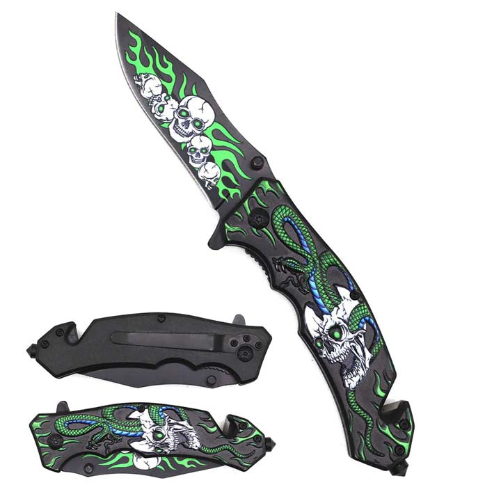 8" Spring Assisted Pocket Knife Green Snake, Skull Handle