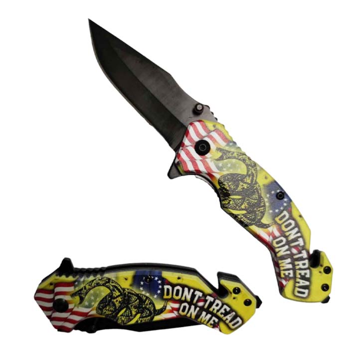 7.75" Black Blade Spring Assisted Knife US Flag Don't Tread on Me Design