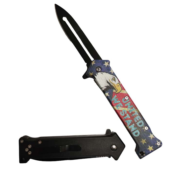 Falcon 8" Pocket Knife W/Black Half Serrated Blade W/United We Stand Print