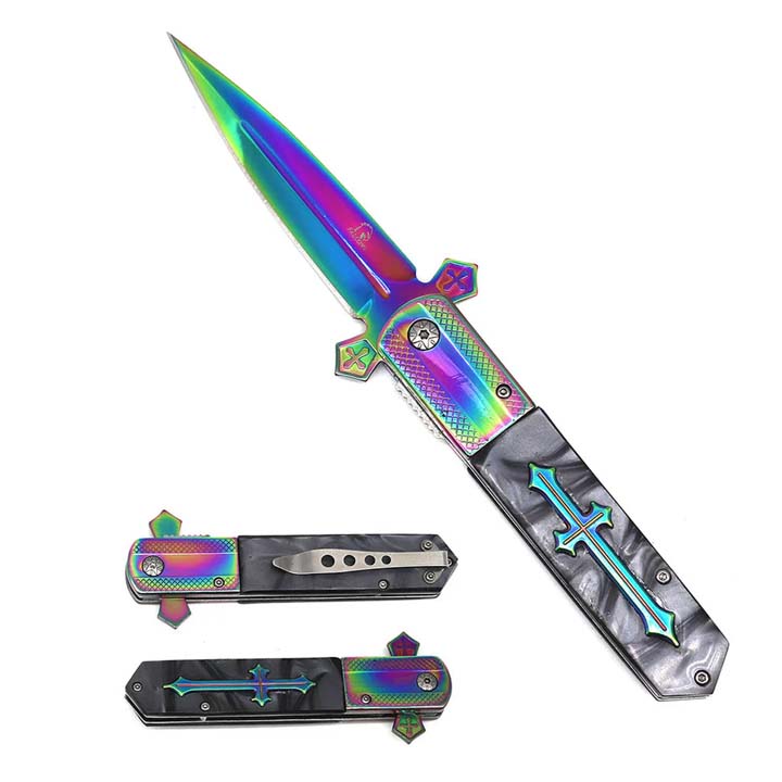 Falcon 8 7/8" Rainbow Blade Gray Damascus Handle Spring Assisted Knife