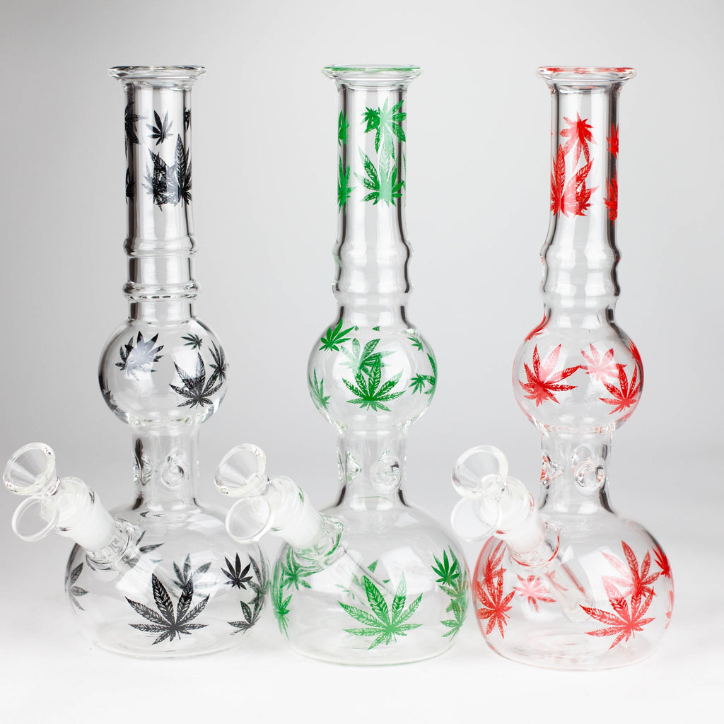 11" Round Shape Glass Bong With Leaf Design