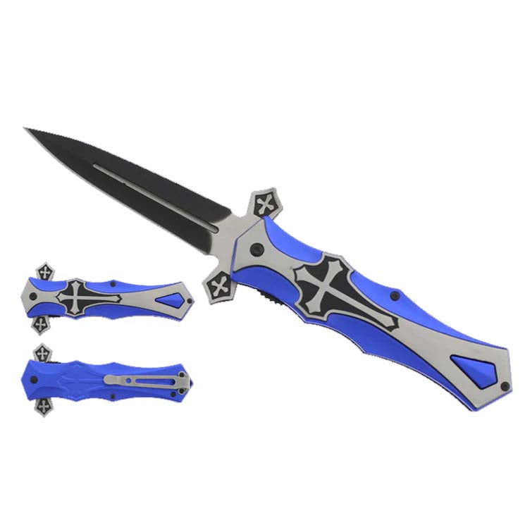 9" Spring Assisted Knife with cross Black Silver Blue