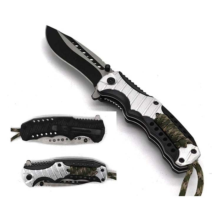 Falcon 8" Spring Assisted Knife Black & Silver Handle w/ paracord