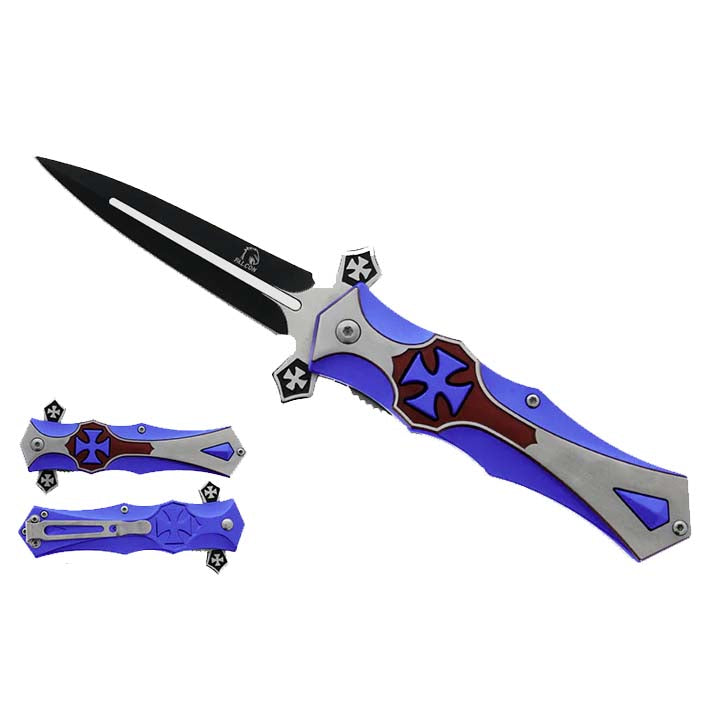Falcon 8 1/2" Blue & Red Cross Blade Spring Assisted Knife