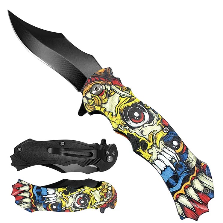 7 3/4" Skull Handle Spring Assisted Pocket Knife