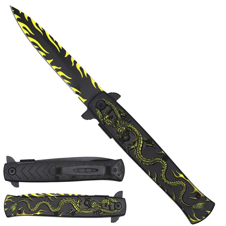 8" Spring Assisted Pocket Knife Gold Dragon Handle