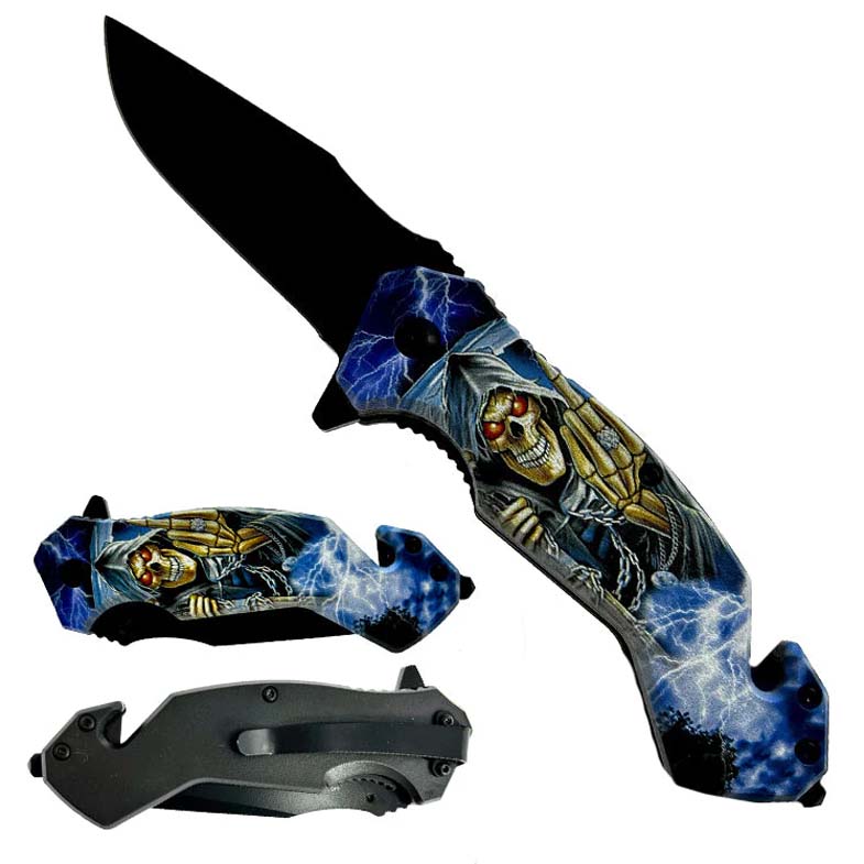 8" Skeleton Black Blade Spring Assisted Knife