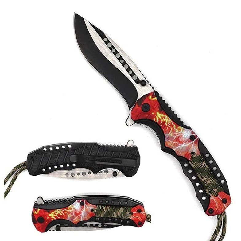 Falcon 8" Spring Assisted Knife Red Thunder Handle w/ paracord