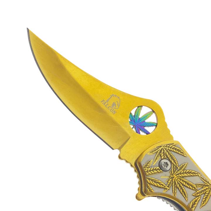 Falcon 7.5" Spring Assisted Knife w/ Gold ABS Marijuana Design