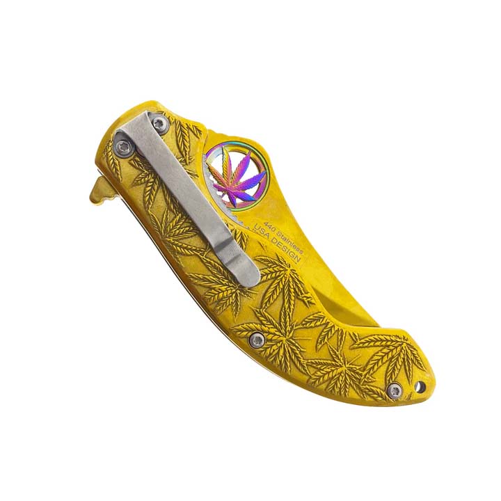 Falcon 7.5" Spring Assisted Knife w/ Gold ABS Marijuana Design