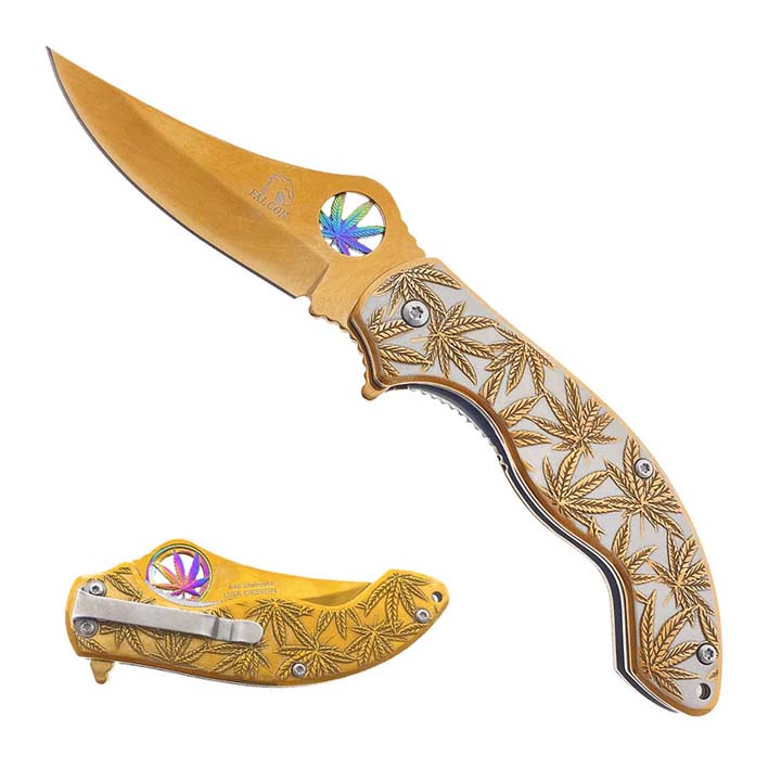 Falcon 7.5" Spring Assisted Knife w/ Gold ABS Marijuana Design