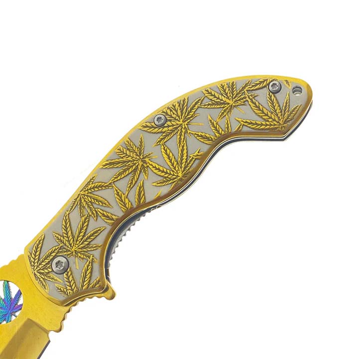 Falcon 7.5" Spring Assisted Knife w/ Gold ABS Marijuana Design